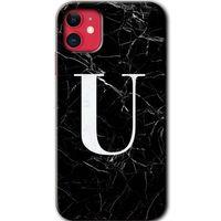 iPhone 11 Kılıf HD Desen Baskılı Arka Kapak - Siyah Mermer Desenli U Harfi + Kırılmaz Cam