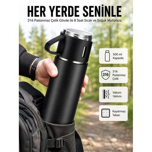 Termos Seti 3lü Bardak Seti Isı Dayanıklı Siyah Paslanmaz Çelik Vakumlu