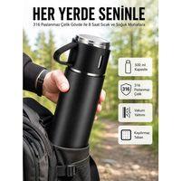 Termos Seti 3lü Bardak Seti Isı Dayanıklı Siyah Paslanmaz Çelik Vakumlu