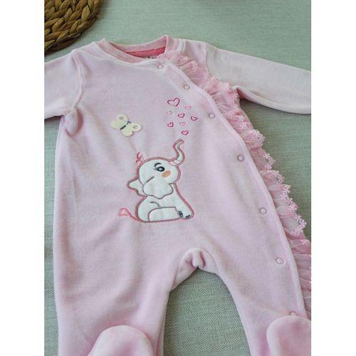 Romantik Fil Nakışlı Pembe Süslü Kız Bebek Tulumu