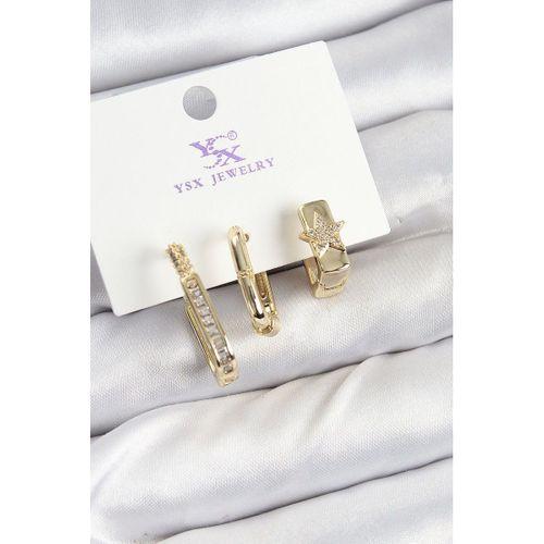 Pirinç Zİrkon Taşlı Yıldız Model Gold Renk 3'lü Kadın Küpe