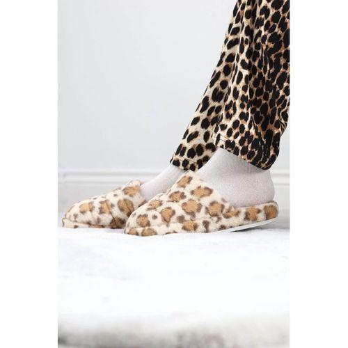 pilelistore Leopar Desenli Peluş Terlik Sütlükahve