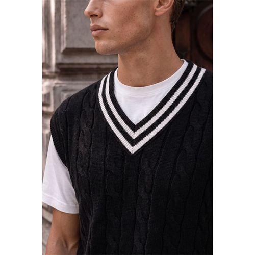 Oxford Relaxed Fit Şerit Yakalı Saç Örgülü V Yaka Erkek Triko Süveter - Siyah