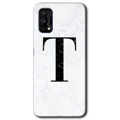 MRCİLETİSİM Realme 7 Pro Kılıf Baskılı Kapak - Beyaz Mermer Desenli T Harfi + 5D Tam Kaplayan Cam