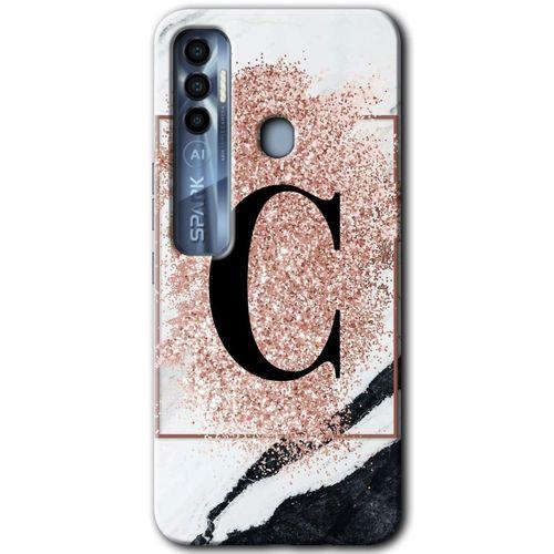 Tecno Spark 7 Pro HD Baskılı Kılıf + 9D Tam Ekran Koruyucu - Pembe Mermer Desenli C Harfi