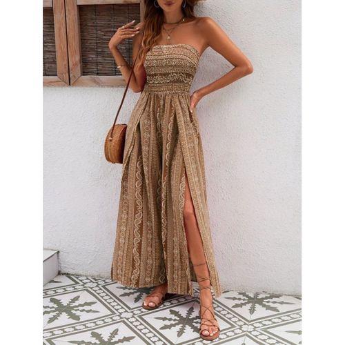 Kadın Yakası Gipe Detaylı önden Yırtmaç Detaylı Desenli Süprem Pantolun Etek Tulum