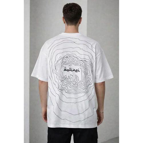 Erkek Bisiklet Yaka Baskılı Kısa Kollu Tişört Streetwear Günlük Basic Pamuklu T-shirt - Beyaz