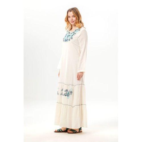 Uzun Kol Venedik Nakışlı Şile Bezi Otantik Uzun Elbise Krem Krm