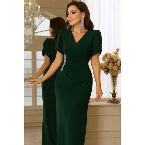 Kadın Kısa Kollu Kruvaze Yakalı Belden çiçek Aksesuarlı Yırtmaçlı Ithal Krep Elbise