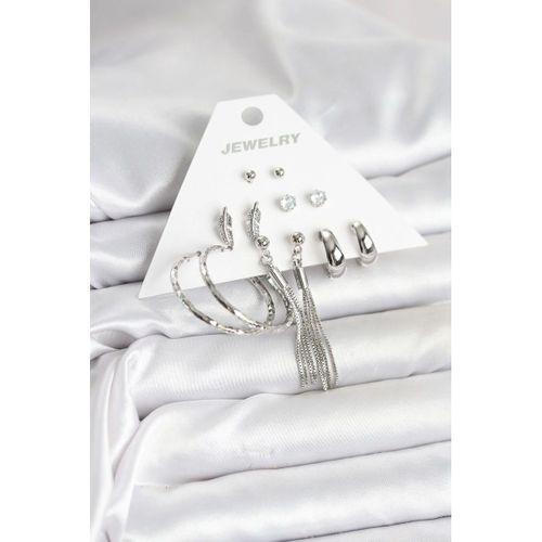 Gümüş Renk Pirinç 6 Çiftli Kadın Küpe Seti