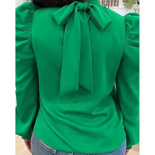 Kadın Uzun Kollu Balıkçı Yaka Arkadan Bağlamalı Omuzlardan Balon Ithal Krep Bluz