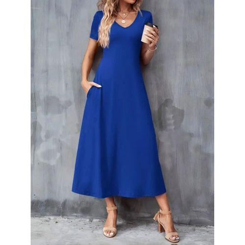 Kadın Kısa Kollu V Yakalı Cepli Viskon Elbise