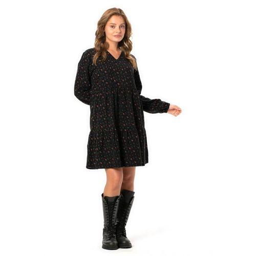 Uzun Kol Alara Çiçek Desenli V Yaka Pazen Kısa Kışlık Elbise Siyah Syh