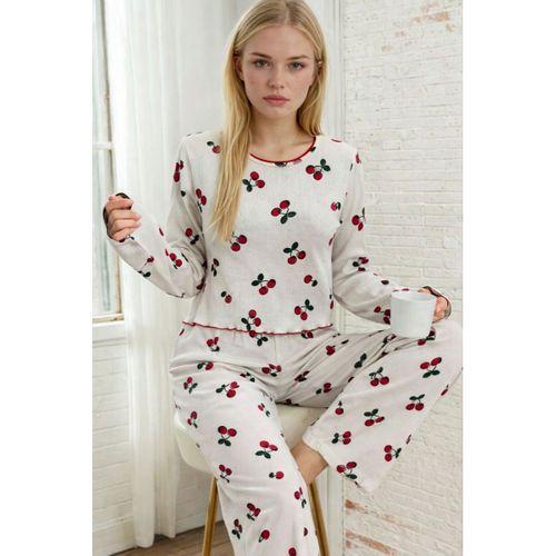 Kadın Uzun Kollu Bisiklet Yaka Desenli Burgu Bluz Ve Pijama Ikili Takım