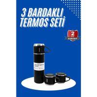 Termos Seti 3'lü Bardak Seti Isı Dayanıklı Siyah Paslanmaz Çelik Vakumlu