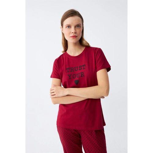 Kadın Bordo Kalp Desenli Kısa Kollu Penye Pijama Takımı