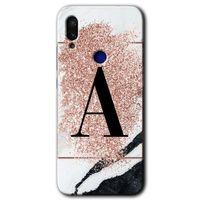 MRCİLETİSİM Xiaomi Redmi Note 7 Kılıf Baskılı Kapak - Pembe Mermer Desenli A Harfi + 5D Tam Kaplayan Cam