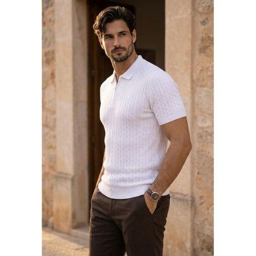 Burke Saç Örgü Yarım Fermuarlı Kısa Kollu İnce Triko Erkek T-Shirt - Ekru