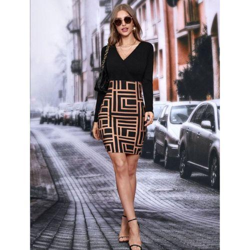 Kadın Uzun Kollu Kruvaze Yaka Labirent Desen Dalgıç Elbise