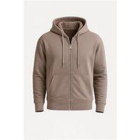 İçi Peluş Üç İplik Kumaş Oversize Fermuarlı Kapüşonlu Sweatshirt- Bej