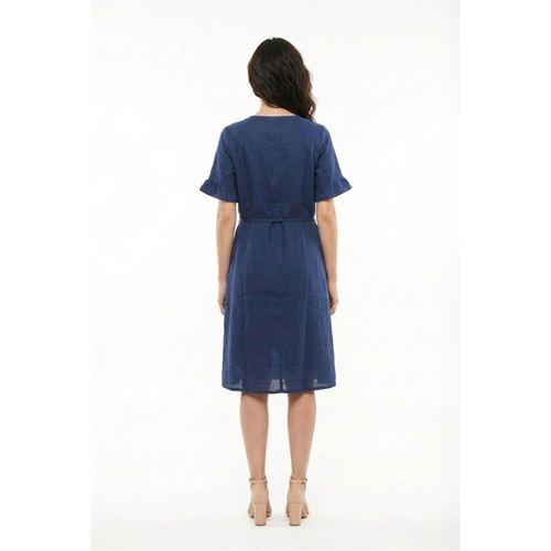 Kısa Kol İrem Nakış Detaylı Midi Boy Yazlık Şile Bezi Elbise Lacivert Lcvt