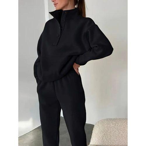 Kadın Uzun Kollu Balıkçı Dik Yakalı Düğmeli üç Iplik Bluz Ve Pantolon Ikili Takım