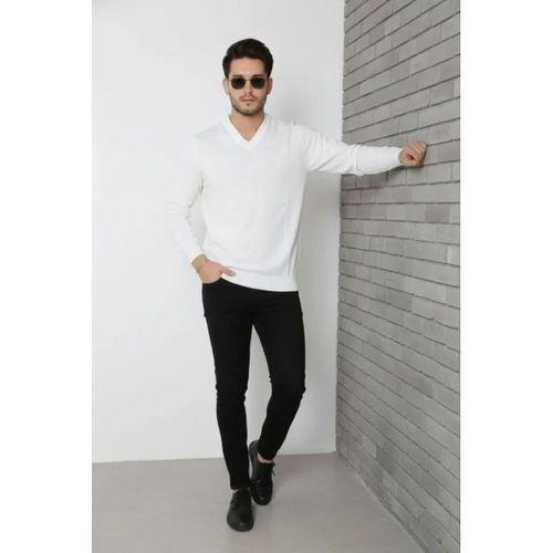 Erkek V Yaka Triko Kazak Yumuşak Dokulu Pamuklu Ince Dokuma, Uzun Kollu Rahat Regular Kalıp - Beyaz
