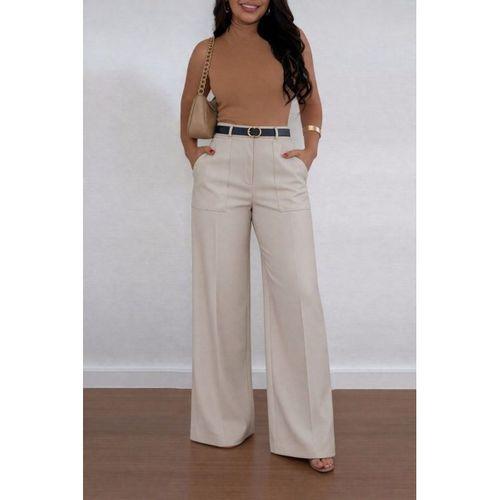 Kadın Yüksek Bel Geniş Paça Detaylı Cepli Ithal Krep Pantolon