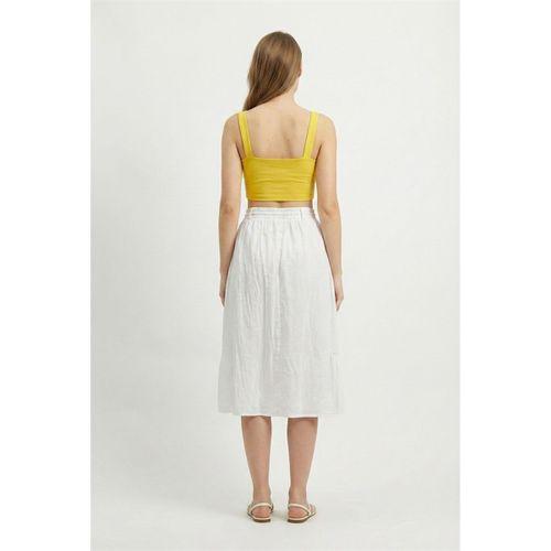 Canan Vual Bağlama ve Lastik Detay Midi Boy Yazlık Otantik Etek Beyaz Byz