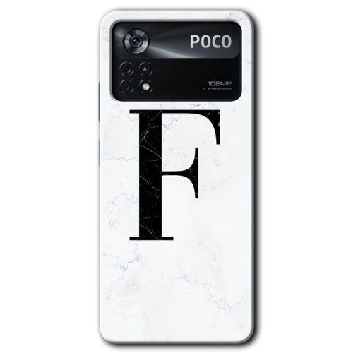 MRCİLETİSİM Poco x4 Pro Kılıf HD Desen Baskılı Arka Kapak + Temperli Cam - Beyaz Mermer Desenli F Harfi