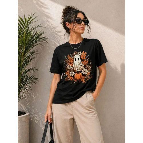 Balkabağı Hayalet Baskılı Tişört Kısa Kol Yazlık T-Shirt - Siyah