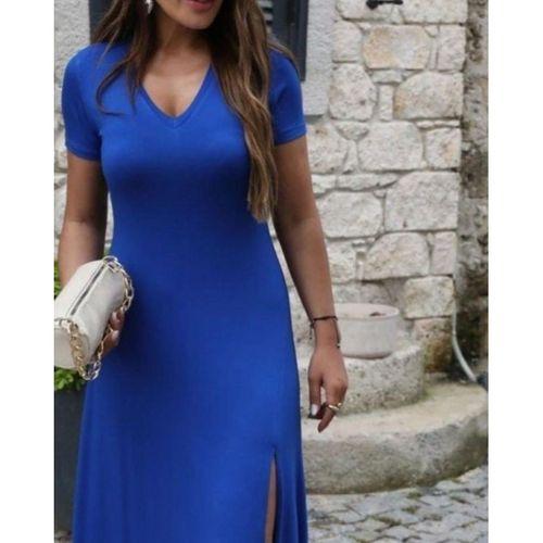 Kadın Kısa Kollu V Yakalı Maksi Boy Viskon Elbise