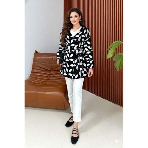 Kadın Uzun Kollu Kadın Uzun Kollu Yaprak Desen Kuşak Dahil Hırka