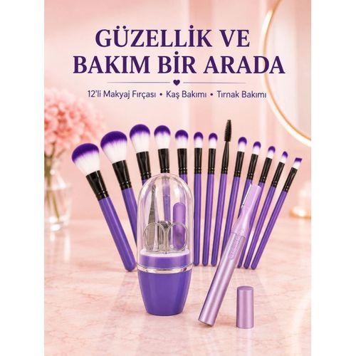 Kadın Makyaj Ve Kişisel Bakım Seti 12’li Mor Makyaj Fırçası Kaş Düzeltici Ve Manikür Tırnak Bakım Seti