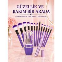 Kadın Makyaj Ve Kişisel Bakım Seti 12’li Mor Makyaj Fırçası Kaş Düzeltici Ve Manikür Tırnak Bakım Seti