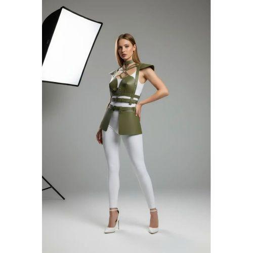 Haki Etek Suni Deri Etek Tokalı Korse Detaylı Etek - Brf1371