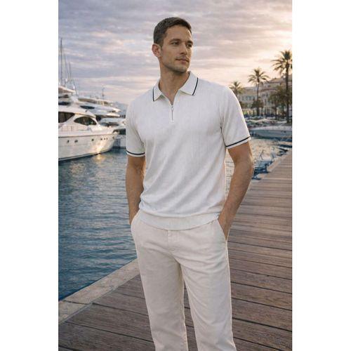 Jared Yakası Şeritli Dik Çizgili Yarım Fermuar İnce Triko Erkek T-Shirt - Beyaz