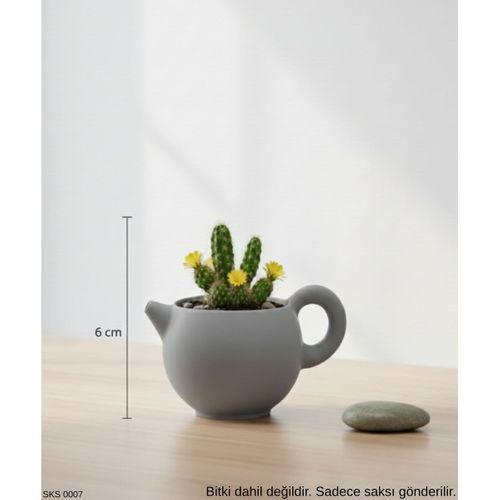 Gri Caydanlik Seklinde Mini Dekoratif Saksi 6 Cm Masa Ustu Ofis Dekoru