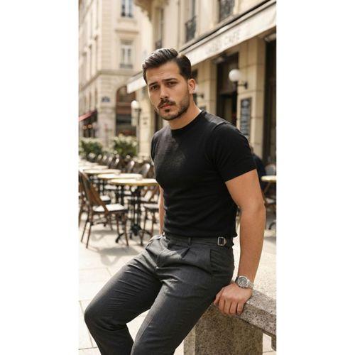 Erkek Basic Bisiklet Yaka Kısa Kollu Triko Tişört - %100 Pamuk Akrilik