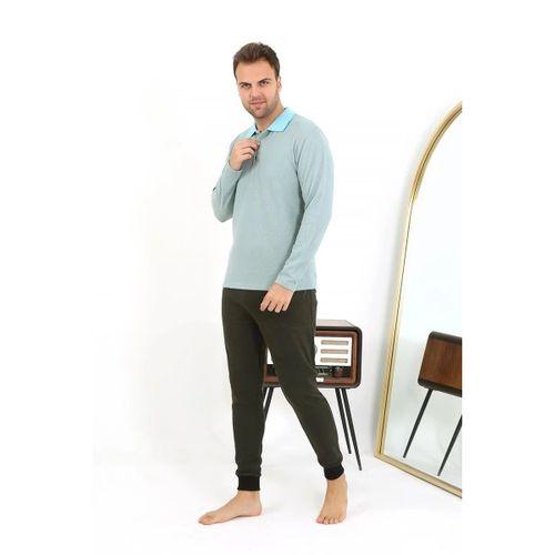 Erkek Polo Yaka Uzun Kol Penye Pijama Takımı Su Yeşili