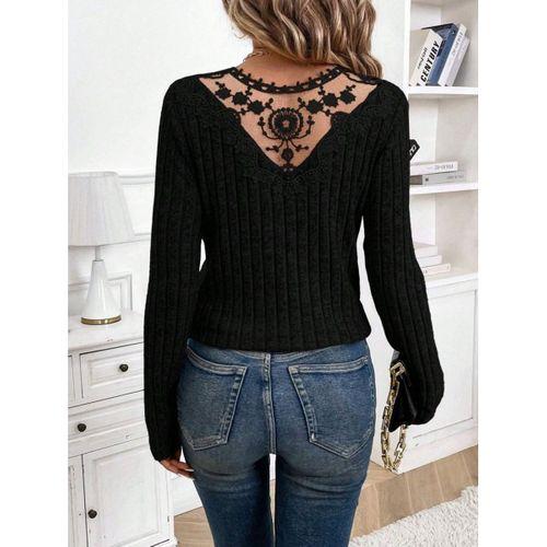 Kadın Uzun Kollu V Yakalı Arkadan Dantel Detaylı şardonlu Kaşkorse Bluz