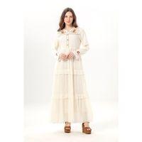 Uzun Kol Zeynep Bisiklet Yaka Nakışlı Uzun Vual Elbise Krem Krm