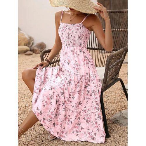 Kadın Ip Askılı Geniş V Yakalı Desenli Uzun Süprem Elbise