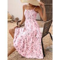 Kadın Ip Askılı Geniş V Yakalı Desenli Uzun Süprem Elbise