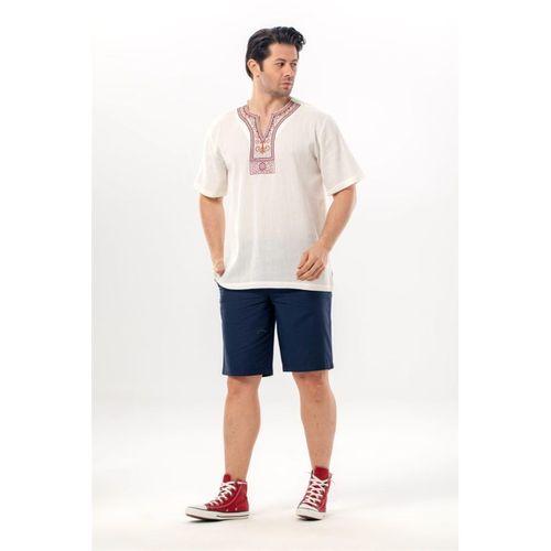 Kısa Kol Şile Bezi Bisiklet Yaka Etnik Erkek Yazlık T-shirt Krem Krm