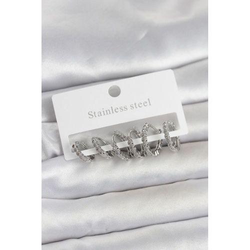 316L Çelik Gümüş Renk Zirkon Taşlı Halka Model Kadın Küpe Seti