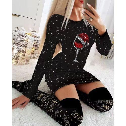 Kadın Uzun Kollu Taş Kadeh Baskı Mikro Kumaş Mini Boy Elbise (çorapsız)