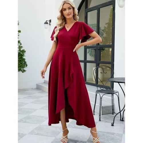 Kadın Kısa Kollu Kruvaze Yakalı ön Asimetrik Volanlı Uzun Ithal Krep Elbise