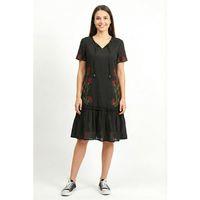 Kısa Kol Gülbin Bağcıklı V Yaka Nakışlı Yazlık Vual Kısa Elbise Siyah Syh