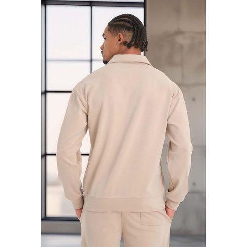 Scuba Modal Kumaş Relaxed Fit Yarım Fermuarlı Polo Yaka Erkek Sweatshirt - Bej